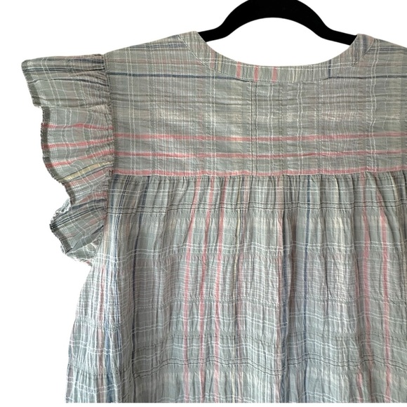LOFT PLAID SMOCKED RUFFLE TIE NECK TOP | SIZE: LARGE - Picture 5 of 9